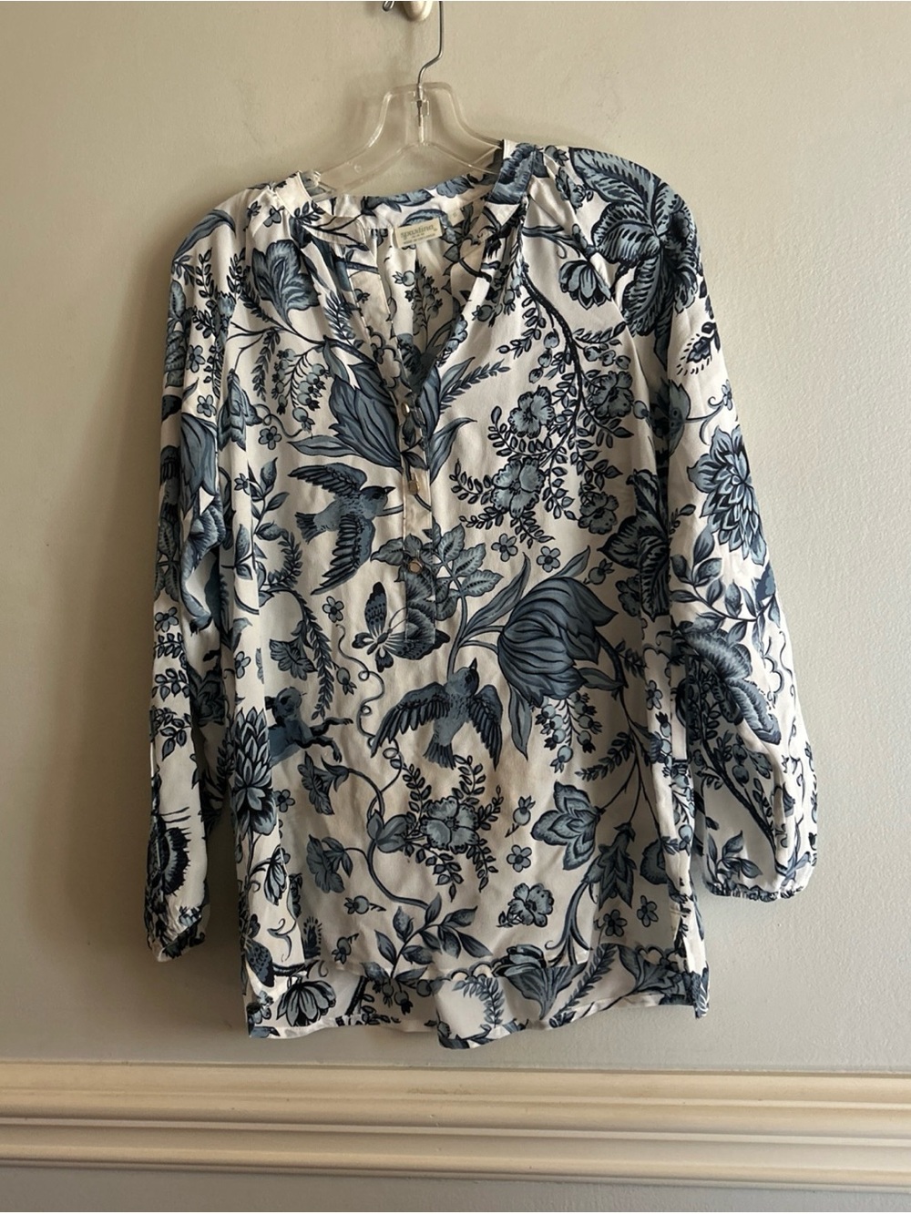 Spartina 449 White Blouse with Blue Floral & Bird Print